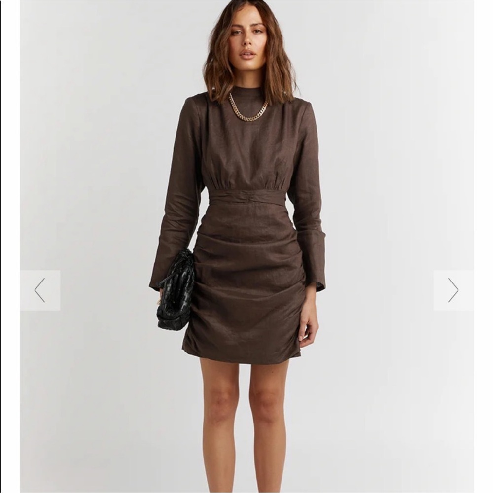 Dissh Maya Dark Chocolate 100% Linen Long Sleeve Mini Dress Size AU 10 US 6